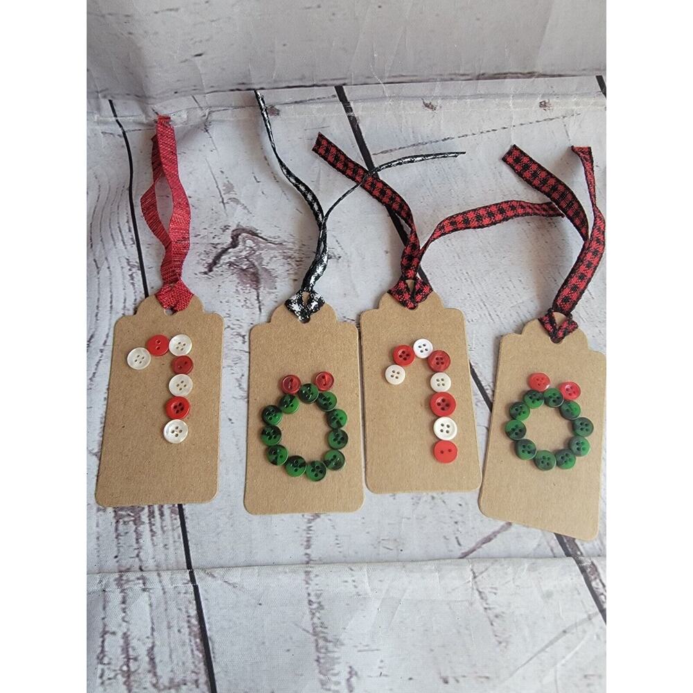 Handmade Button Candy Cane Wreath Gift Tags Hangtags Set Of 4